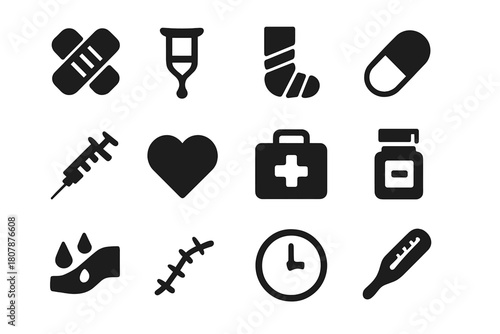 Injury Recovery Icons. Injury recovery. Solid icon set of Injury recovery: bandage, crutch, cast, pill, syringe, heart, first aid kit, medicine bottle, wound,