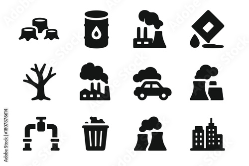 Nature Threat Icons. Nature Threat. Solid icon set of Nature Threat: deforestation, oil barrel, chemical spill, dead tree, factory, smoke, car, bulldozer,