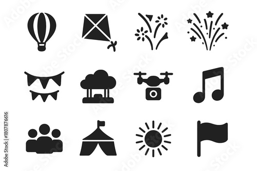 Sky Festival Icons. Sky Festival. Solid icon set of Sky Festival: hot air balloon, kite, glider, fireworks, pennant flag, cloud stage, drone camera, music
