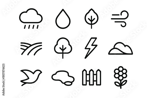 Stormy Skies Icon Set. Stormy Skies. Line icon set of Stormy Skies: cloud, rain, droplet, wind, field rows, tree, lightning, hill, bird, puddle, fence, flower.