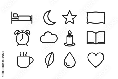 Sleep Wellness Icons. Sleep and Wellness. Line icon set of Sleep and Wellness: bed, moon, star, pillow, alarm clock, cloud, candle, book, cup, leaf, droplet,