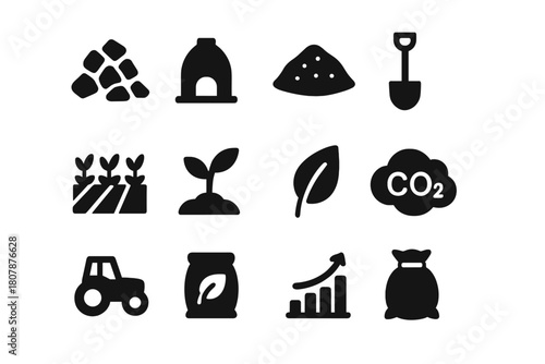 Biochar Farming Icons. Biochar and carbon farming. Solid icon set of Biochar and carbon farming: biochar pile, kiln, carbon soil, shovel, crop field, seedling,