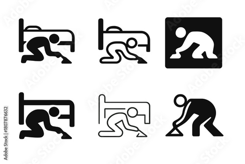 Bed Cleaning Logos. Cleaning under the bed. Icon set. Set Logo of Cleaning under the bed: Person bending down to clean. harmonious logo variations of the same