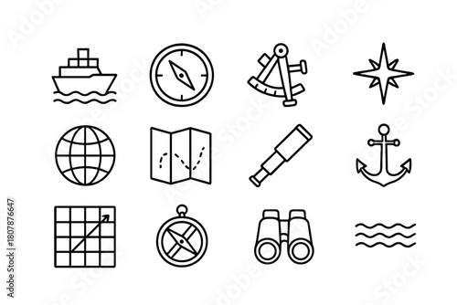 Ocean Navigation Icons. Ocean navigation. Line icon set of ocean navigation: ship, compass, sextant, North Star, globe, map, telescope, anchor,