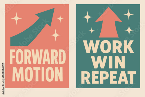 Retro Forward Banners. Forward motion. Two vertical A6 banners with safe margins, centered composition, no elements touching edges, retro, pink and teal,