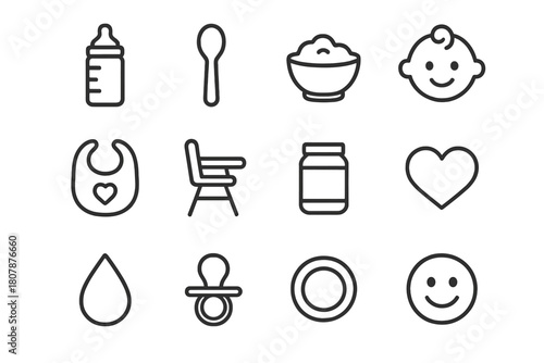 Feeding Icon Set. Feeding Time. Line icon set of Feeding Time: bottle, spoon, bowl, baby, bib, chair, food jar, heart, milk drop, pacifier, plate, smile. All