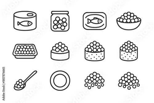 Roe Packaging Icons. Roe packaging. Line icon set of roe packaging: tin, jar, label, bowl, tray, salmon roe, tobiko, ikura, masago, caviar, spoon, lid. All