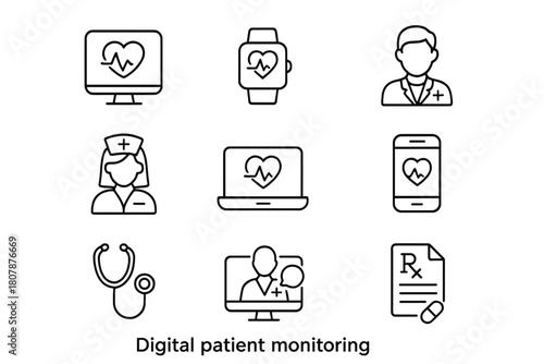 Digital Medical Tools. Digital patient monitoring. Line icon set of digital patient monitoring: heart monitor, wearable device, doctor, nurse,