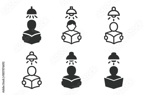 Study Skills Emblem. Study skills. Icon set. Set Logo of study skills: person reading under a glowing lamp. harmonious logo variations of the same emblematic