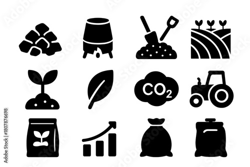 Biochar Farming Icons. Biochar and carbon farming. Solid icon set of Biochar and carbon farming: biochar pile, kiln, carbon soil, shovel, crop field, seedling,