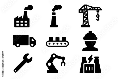 Industrial Icon Grid. Industrial district. Solid icon set of Industrial district: factory, smokestack, warehouse, crane, cargo truck, conveyor belt, storage
