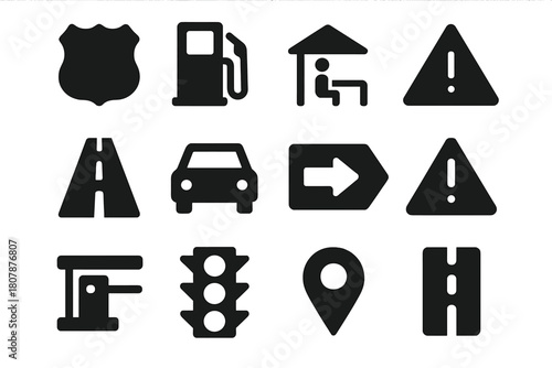 Highway Symbol Icons. Highway symbols. Solid icon set of highway symbols: route sign, gas pump, rest area, arrow, road, car, exit sign, caution triangle, toll