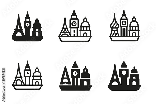 Travel Souvenir Icons. Travel souvenirs. Icon set. Set Logo of travel souvenirs: souvenir shop sign. harmonious logo variations of the same emblematic concept,