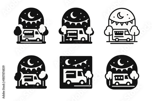 Food Truck Logos. Food truck street parties. Icon set. Set Logo of food truck street parties: barbecue grill beside open truck window. harmonious