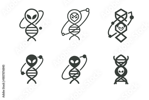 Alien Life Logos. Exploring the possibility of alien life in distant star systems. Icon set. Set Logo of alien life exploration: stylized alien microbe inside