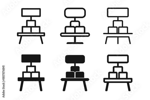 Product Logos Display. Product table display. Icon set. Set Logo of product table display: tabletop with stacked boxes and signage. harmonious logo variations