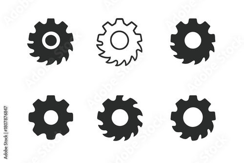 Power Saw Logo Variations. Power saw blade. Icon set. Set Logo of Power Saw Blade: mechanical gear merged with saw blade. harmonious logo variations of the