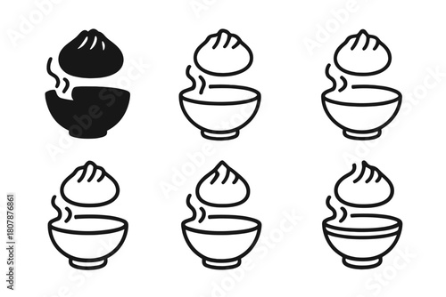 Comfort Food Icons. Comfort food and traditional dishes. Icon set. Set Logo of comfort food and traditional dishes: dumpling and soup bowl combination.