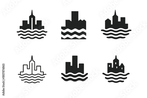Flooded City Logos. Flooded cities. Icon set. Set Logo of Flooded Cities: cityscape reflection distorted by rising water. harmonious logo variations of the
