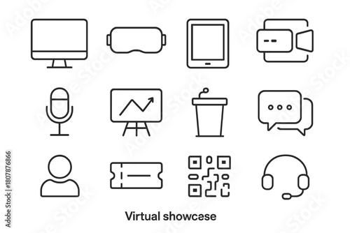 Virtual Showcase Icons. Virtual showcase. Line icon set of Virtual showcase: computer monitor, VR headset, tablet, video camera, microphone, presentation