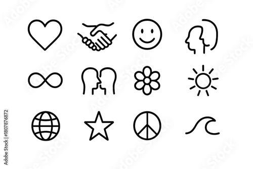 Emotional Icon Set. Emotional expression. Line icon set of emotional expression: face outline, heart, paintbrush, palette, journal, flower, leaf, candle, hand,