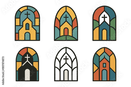 Church Architecture Icons. The development of Christian church architecture. Icon set. Set Logo of The development of Christian church architecture: Nave
