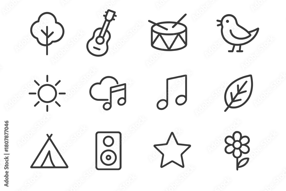 Fototapeta premium Music and Nature Icons. Music and Nature. Line icon set of Music and Nature: tree, guitar, drum, bird, sun, cloud, music note, leaf, tent, speaker, star,