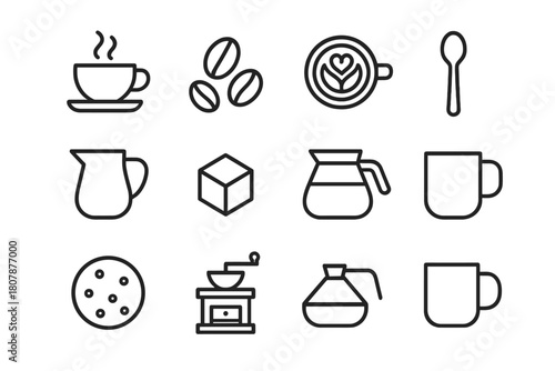 Coffee Icon Essentials. Coffee essentials. Line icon set of Coffee essentials: coffee cup, saucer, coffee beans, steam, teaspoon, milk jug, sugar cube, coffee