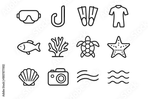 Underwater Exploration Icons. Underwater exploration. Line icon set of Underwater exploration: snorkel mask, snorkel tube, fins, wetsuit, flippers, fish,