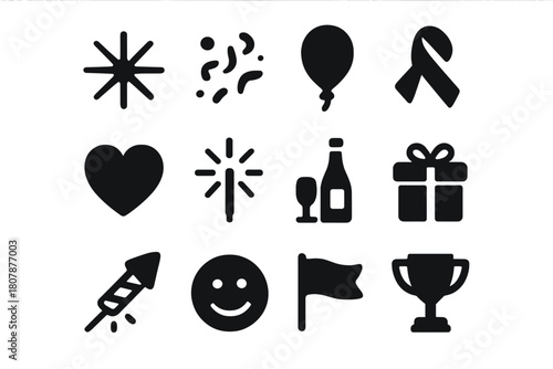 Celebration Icons. Group joy. Line icon set of group joy: people group, smile, heart, music note, dancing couple, clinking glasses, fireworks, confetti, cake,