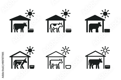 Agriculture Icons Grid. Agriculture and climate change. Icon set. Set Logo of agriculture and climate change: livestock shade shelter with water trough.