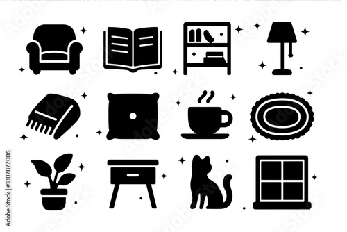 Cozy Reading Icons. Reading Nook. Solid icons set of Reading Nook: armchair, bookshelf, lamp, book, coffee cup, blanket, window, cushion, plant, rug, side