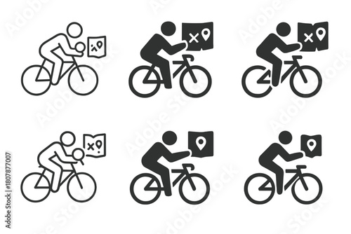 Bicycle Treasure Hunt Icons. bicycle treasure hunts. Icon set. Set Logo of bicycle treasure hunts: cyclist discovering a clue. harmonious logo variations of