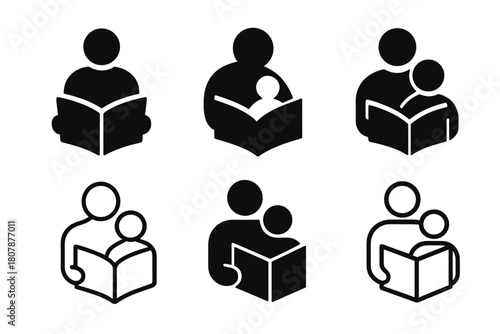 Father-Son Reading Logos. Father and son activity. Icon set. Set Logo of father and son activity: reading a book together. harmonious logo variations of the
