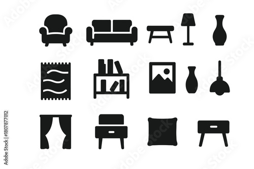 Stylish Interior Icons. Stylish Interiors. Solid icon set of Stylish Interiors: armchair, sofa, coffee table, floor lamp, rug, bookshelf, wall art, vase,