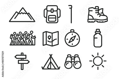 Hiking Icon Set. Hiking expedition. Line icon set of Hiking expedition: group of hikers, mountain, backpack, walking stick, hiking boots, map, compass, water