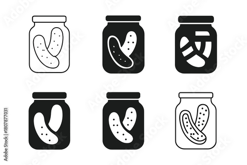 Pickle Logo Variations. pickled food. Icon set. Set Logo of pickled food: glass jar with pickles inside. harmonious logo variations of the same emblematic