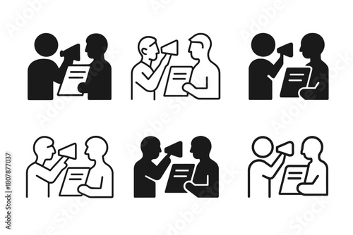 Director Feedback Icons. A director giving feedback to an actor on their performance. Icon set. Set Logo of a director giving feedback to an actor on their