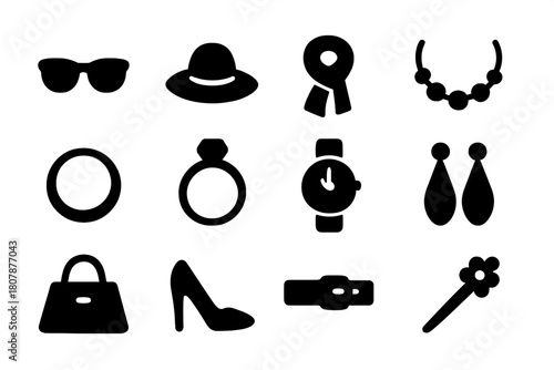 Iconic Fashion Accessories. Style Statement. Solid icon set of Style Statement: hat, sunglasses, scarf, bracelet, necklace, ring, watch, earrings, bag, belt,