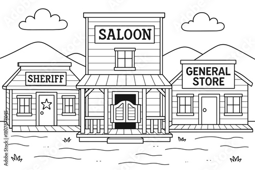 Western Town Coloring. Western town children?s coloring book illustration, outlined drawing, small wooden buildings with a saloon, sheriff?s office, and