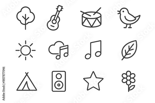 Music and Nature Icons. Music and Nature. Line icon set of Music and Nature: tree, guitar, drum, bird, sun, cloud, music note, leaf, tent, speaker, star,