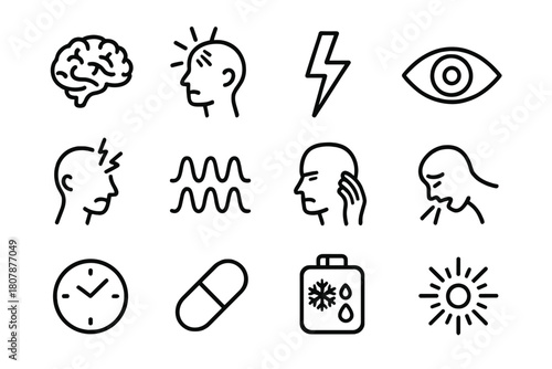 Migraine Health Icons. Migraine health. Line icon set of Migraine health: brain, head with pain, lightning bolt, eye, headache symbol, pulsating waves, hand on