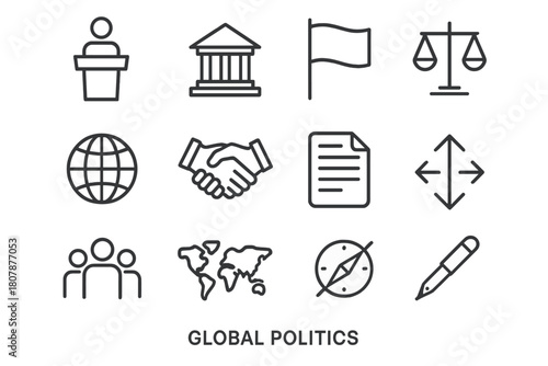 Global Politics Icons. Global Politics. Line icon set of Global Politics: podium, building, flag, globe, handshake, document, balance scales, people, map,