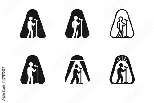 Singer Logo Variations. Singer in spotlight. Icon set. Set Logo of singer in spotlight: voice waves in light. harmonious logo variations of the same emblematic