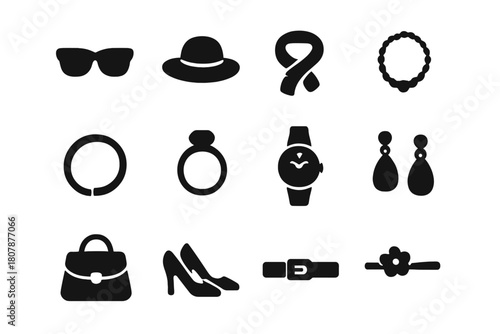 Iconic Fashion Accessories. Style Statement. Solid icon set of Style Statement: hat, sunglasses, scarf, bracelet, necklace, ring, watch, earrings, bag, belt,