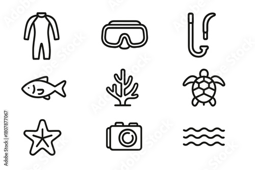 Scuba Snorkeling Icon Set. Scuba and snorkeling. Line icon set of Scuba and snorkeling: wetsuit, snorkel mask, snorkel tube, fins, flippers, fish, coral, sea