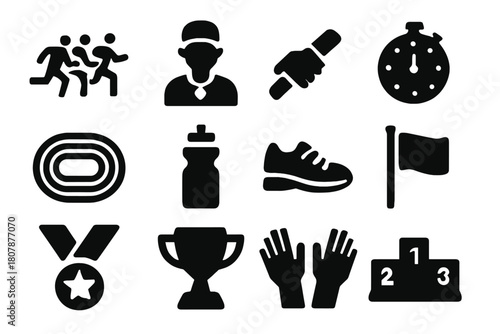 Sports Icon Set. Sports Team. Solid icon set of Sports Team: runners, coach, baton, stopwatch, track, water bottle, sneakers, flag, medal, trophy, cheering
