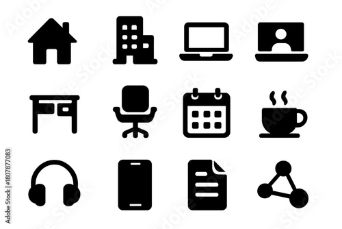 Flexible Work Icons. Flexible Work. Solid icon set of Flexible Work: home, office building, laptop, video call, desk, chair, calendar, coffee cup, headphones,