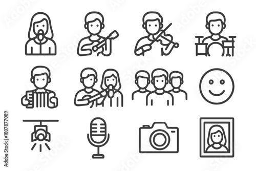 Musicians Icon Collection. Musicians Portraits. Line icon set of Musicians Portraits: singer, guitarist, violinist, drummer, accordionist, duo, band, smiling