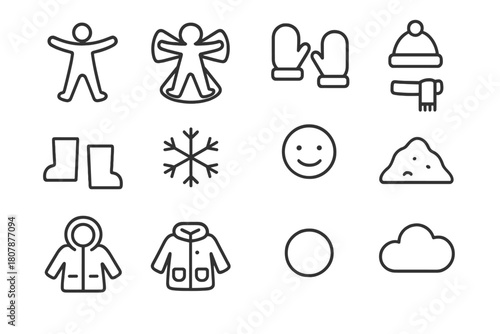 Snow Angel Icons. Children making snow angels. Line icon set of children making snow angels: child silhouette, snow angel shape, mittens, scarf, hat,